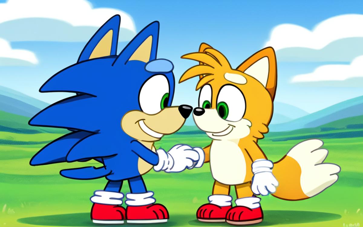 Sonic y Tails se dan la mano al estilo de una caricatura. - SeaArt AI