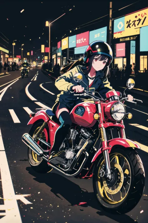 masterpiece, best quality, 1girl, solo, jacket, hand in pocket, school uniform, serafuku, thighhighs, school bag, black hair, black eyes, cyberpunk, street, machinery, motor vehicle, motorcycle, panorama, helmet, speed line, motion blur, depth of field, perspective, panorama, riding, floating hair, night, neon trim