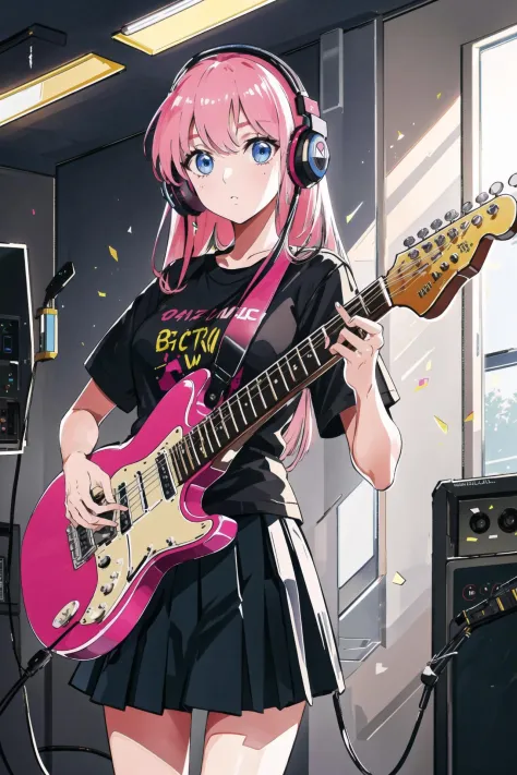 ((masterpiece,best quality))1girl, solo, black skirt, blue eyes, electric guitar, guitar, headphones, holding, holding plectrum,...