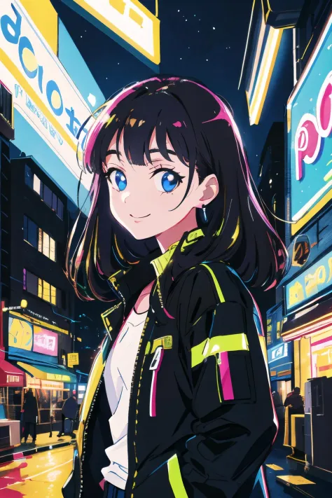 masterpiece, best quality, 1girl, city pop, night, neon light, looking at another, upper body, vector illustration, jacket, ligh...