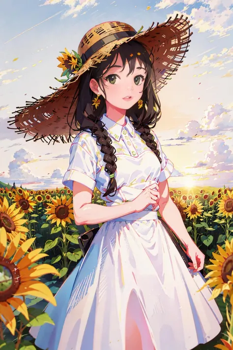 cinematic close shot, cinematography, intricately detailed, meticulous, magnificent, maximum details, cozy vibes:2, extremely hyper realistic, cybernetic,pastel colours:2, (((1girl, solo))), 18age, thick dress shirt, messy hair:2, colourful hair, (((center))),braid,focused look,Standing in a sunflower field,sunset,idyllic,straw hat