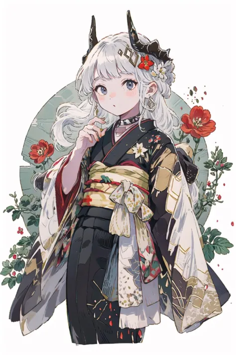 1fille, fleur, cœur ,obsidienne,cornes,
fleur, kimono imprimé, 
   