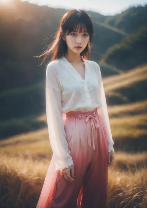 a woman standing in a field with a mountain in the background