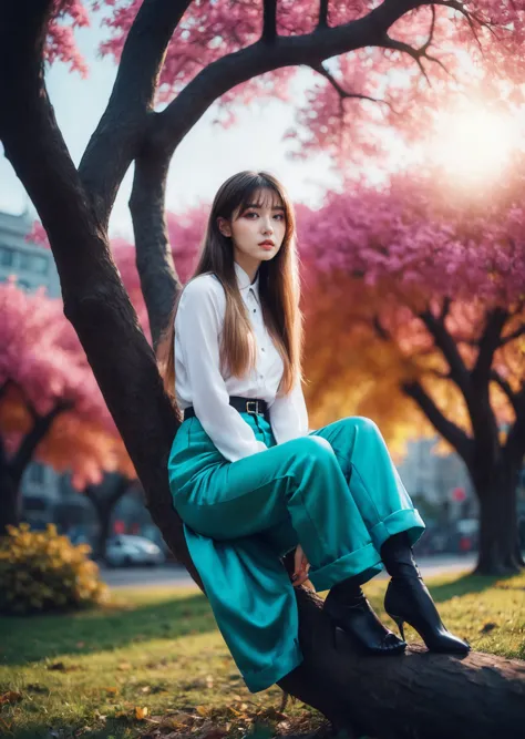 a woman sitting on a tree branch in a park with pink flowers