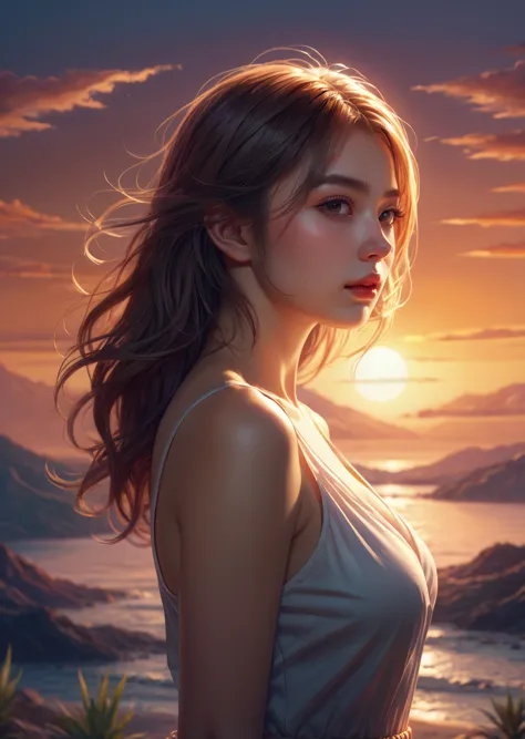 a woman standing in front of a sunset with a body of water