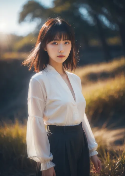 a woman in a white shirt and black skirt standing in a field