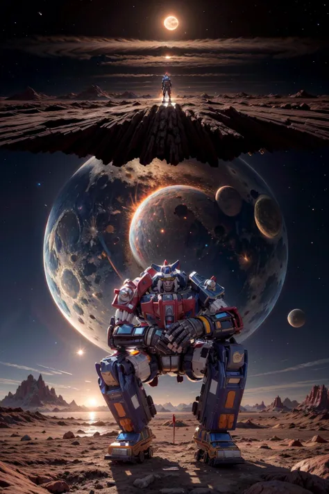 <lora:vehicle_voltron:.8>raw photo of a detailed robot, on one knee, background bg_alien_planet, blue sky, brown theme, building...