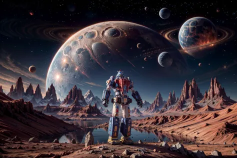<lora:Vehicle_Voltron:.8>RAW photo of a detailed robot standing, background bg_alien_planet, blue sky, brown theme, building, cl...
