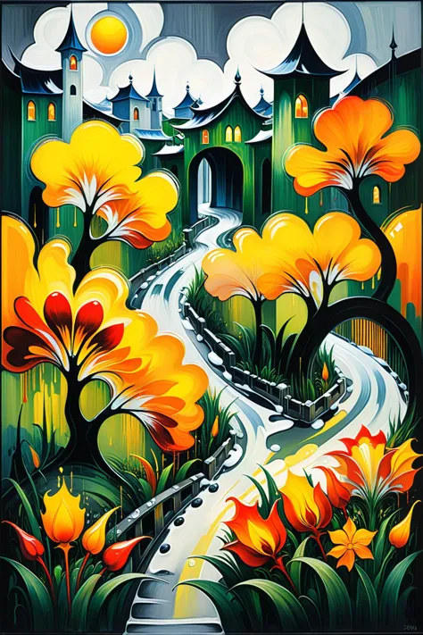 painting of a painting of a city with a river and flowers