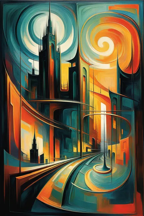 a painting of a city with a train going through it