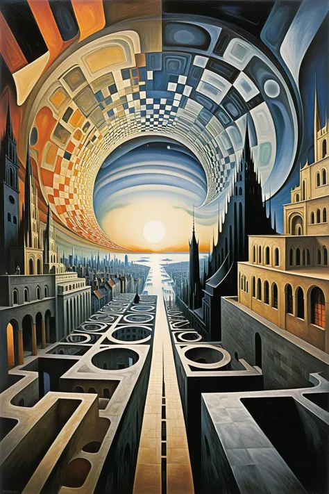 painting of a maze with a city in the background