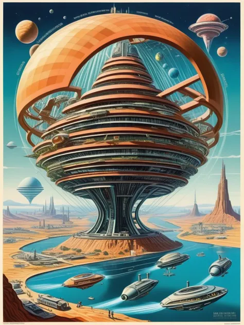 a poster of a futuristic city with a large structure in the middle