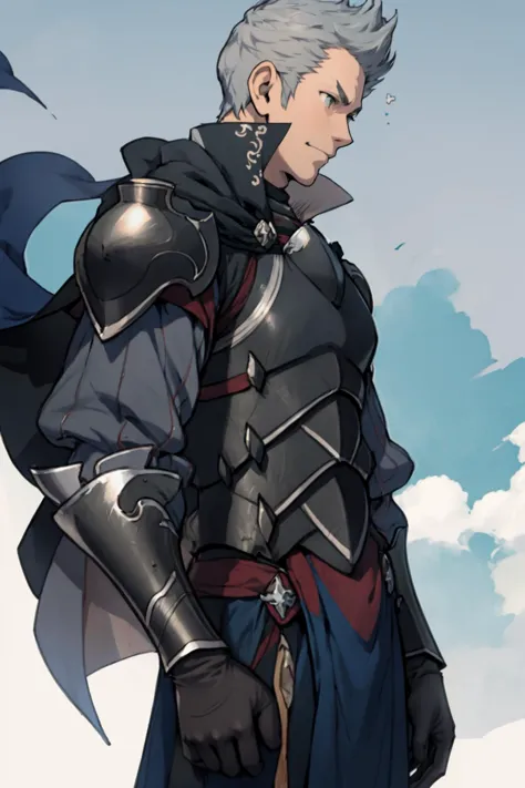 best quality, Mature male, Looking off to the side, <lora:fireemblem_silas-11:.9> fesilas, armor, cape, gloves