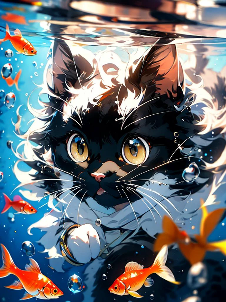 cat,MG mao,Exquisite visuals,high-definition,masterpieces,no humans,fish,animal focus,whiskers,animal,bubble,water,goldfish,yellow eyes,air bubble,underwater,HD,Tindal,