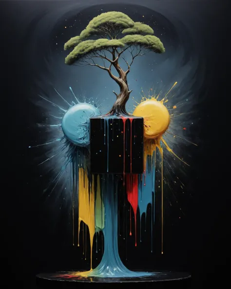 a painting of a tree on top of a colorful drip drip