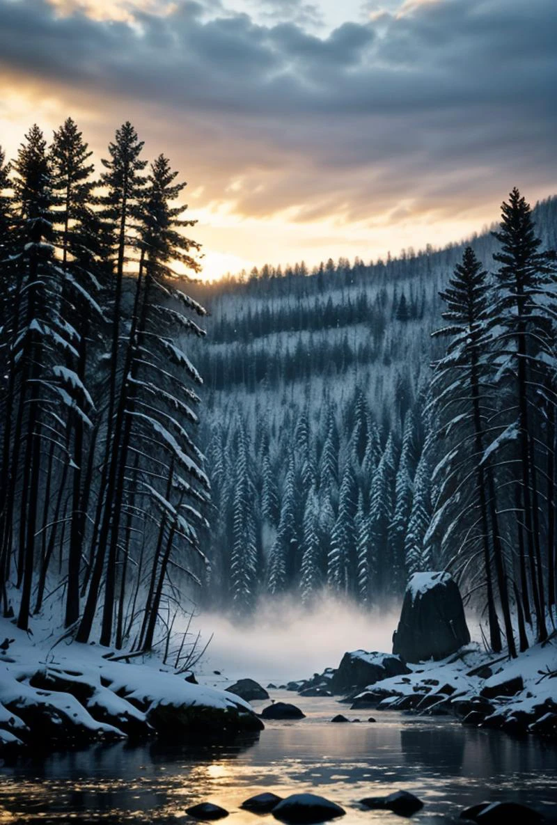 (((川に浮かぶ巨大な巨石のガラス立方体)))(息を呑むほど美しい雄大で優雅な冬のカナダの風景, 日の出の雨上がりの色がきらめく、雄大な冬の森を横切る急流の川の超詳細な息を呑むような景色, 高コントラストの自然光, 印象的に美しい描写, (飽和した振動 Ektar 100 フィルム)(完璧な中間レベルのコントラスト, 高解像度, 曲線, ヒストグラム)
 epiC35mm 明るい色