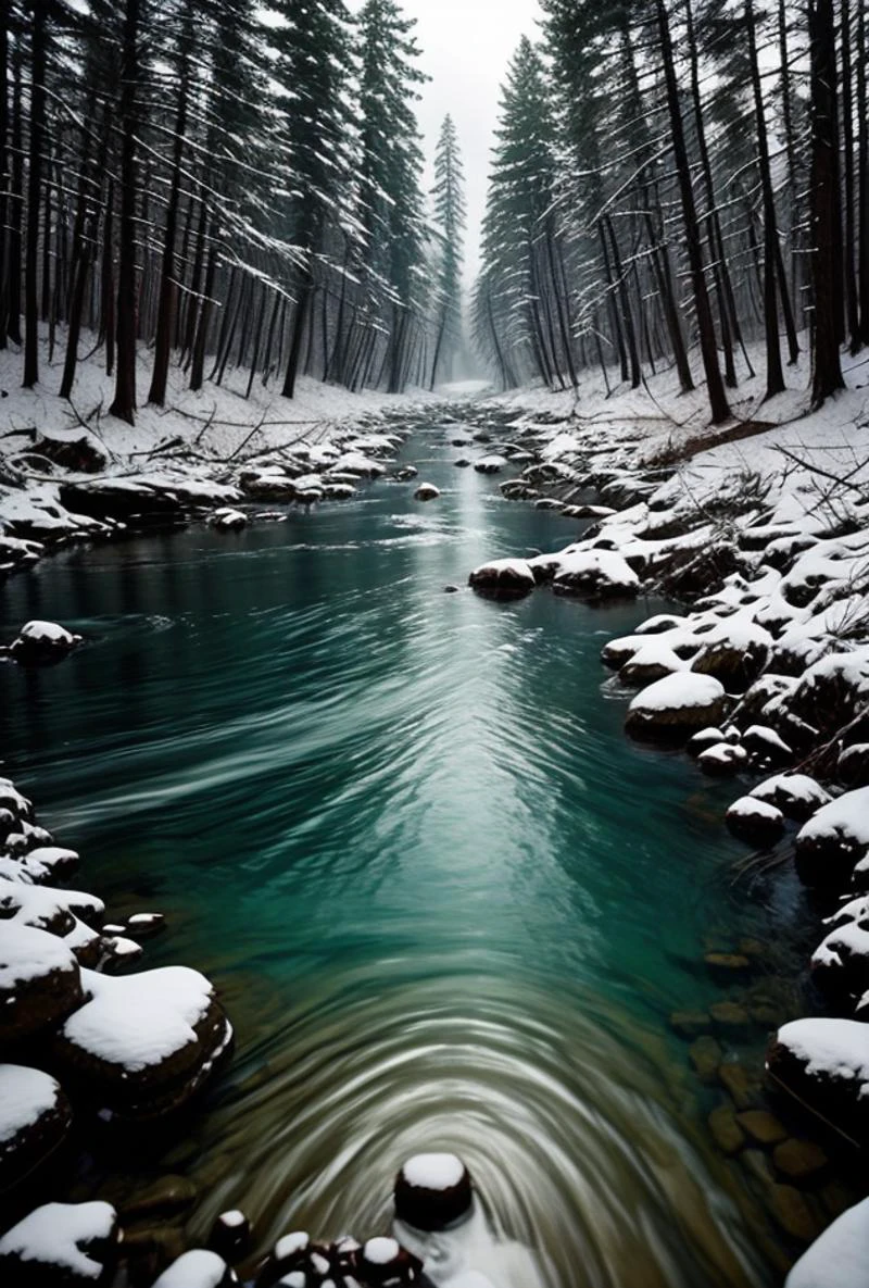 (((Массивный мегалитический куб из цельного стекла в реке)))(чрезвычайно захватывающий потрясающий величественный элегантный зимний канадский пейзаж, гипердетализированный захватывающий вид на стремительную реку через чрезвычайно величественный зимний лес, мерцающий после дождя на восходе солнца, высококонтрастное естественное освещение, впечатляюще красивое изображение, (насыщенная и яркая пленка Эктар 100)(идеальный контраст среднего уровня, HDR, кривые, и гистограмма)
 epiC35мм яркий цвет