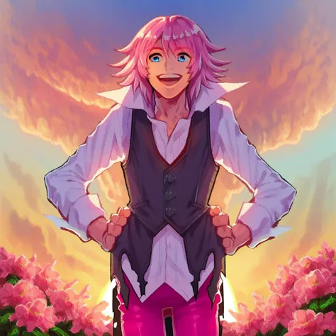 anime girl with pink hair and blue eyes standing in front of a field of flowers