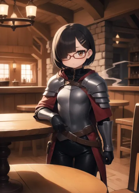 masterpiece, best quality, standing
1girl, solo, light skin, mini girl, small breast, black hair, short hair, brown eyes, bangs, long sideburns, hairpin, hair over one eye, red-framed eyewear,
hood, armor, black cloak, pants, belt, shoulder armor, gauntlets, boots,
 medieval tavern, round tables, chairs, smoke in the air, bar, fireplace, stairs leading up, shields on the wall, sits by the table, sit chair, FanTav  <lora:FantasyTavern:0.5>