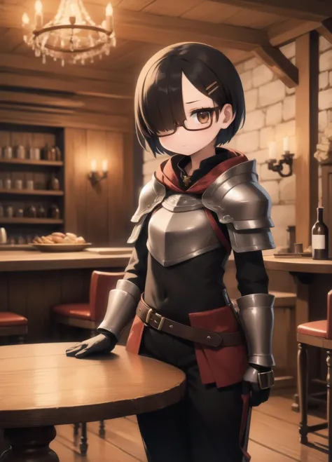 masterpiece, best quality, standing
1girl, solo, light skin, mini girl, small breast, black hair, short hair, brown eyes, bangs, long sideburns, hairpin, hair over one eye, red-framed eyewear,
hood, armor, black cloak, pants, belt, shoulder armor, gauntlets, boots,
 medieval tavern, round tables, chairs, smoke in the air, bar, fireplace, stairs leading up, shields on the wall, sits by the table, sit chair, FanTav  <lora:FantasyTavern:0.5>