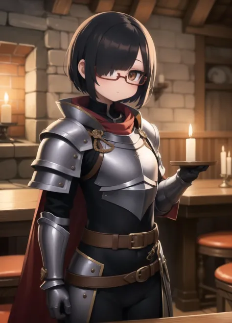 a woman in armor holding a candle in a bar