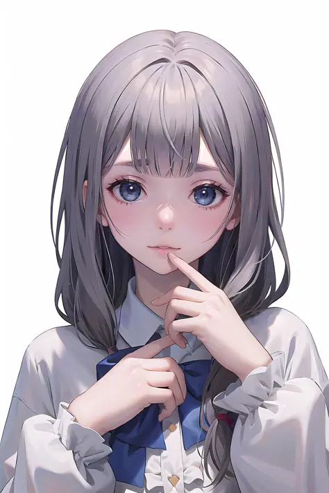 POV, ((masterpiece, best quality)), upper body, 1girl, solo, (white background:1.3), (simple background:1.3), long hair, gray hair, *//*, blue eye, *//*, white blouse, looking at viewer,