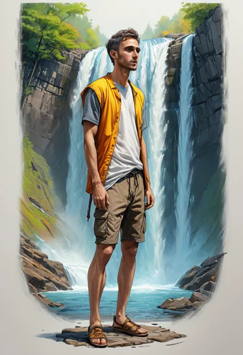 a painting of a man standing on a rock in front of a waterfall