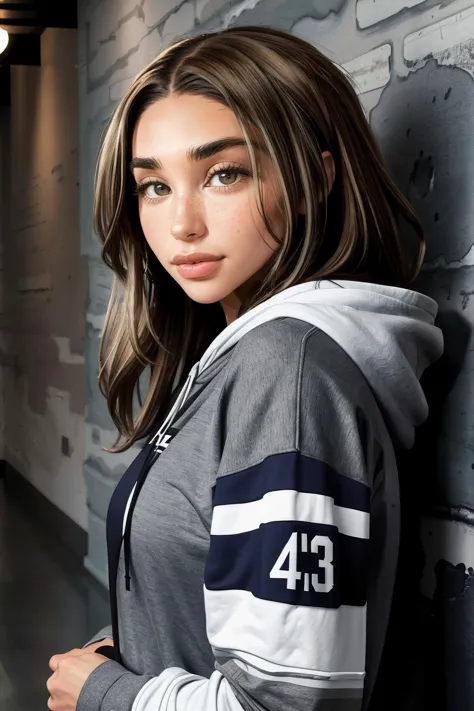 chantel_jeffries wearing grey hoodie, long brown hair, hazel eyes, 
upper body, portrait, wall background, 
 <lora:Chantel_Jeffries_V1.2:0.8>