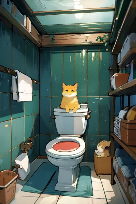 (otherworldly), highly insanely detailed, masterpiece, top quality, best quality, highres, 4k, 8k, RAW photo, (very aesthetic, beautiful and aesthetic), <lora:Life on the toilet:0.5>, newspaper, yellow cat, toilet use, squat toilet, toilet, (fantasy world)