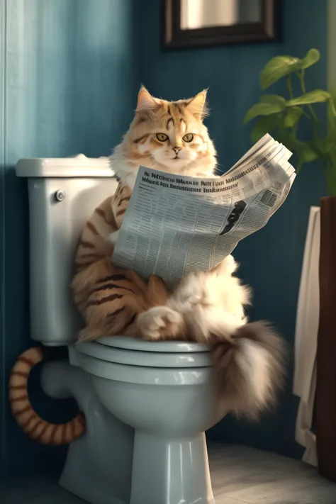 araffe sitting on a toilet reading a newspaper in a bathroom