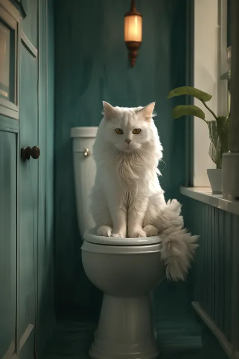 araffe sitting on a toilet in a bathroom with a potted plant