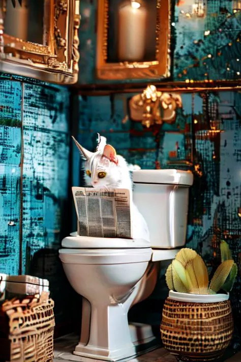 there is a cat that is sitting on a toilet in a bathroom