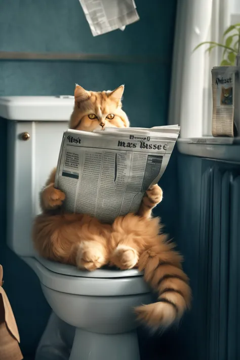 there is a cat that is sitting on a toilet reading a newspaper