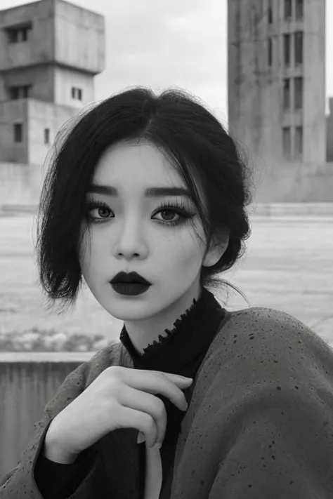 (black and white:1.2), (monochrome photography:1.2), (concrete, cement, brutalism:1.3), unusual angle view, close-up facial shot of a korean girl, black eyeliner, black eye-shadow, black lips, black eyebrows, black make-up, (sinister, haunted expression:1.5), wearing latex, thigh-highs, brutalist city buildings, stormy overcast weather, heavy dark clouds, detailed skin texture, skin pores, skin fuzz, vellus hair, goose bumps, detailed face,  intricately detailed, depth of field, dramatic backlighting, cinematic LUT, film grain