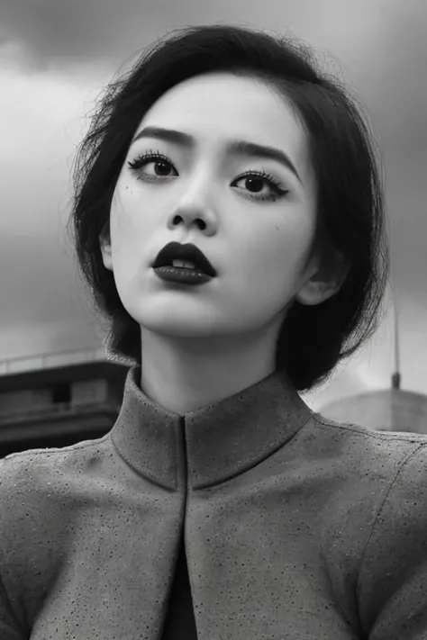 (black and white:1.2), (monochrome photography:1.2), (concrete, cement, brutalism:1.3), unusual angle view, close-up facial shot of a korean girl, black eyeliner, black eye-shadow, black lips, black eyebrows, black make-up, (sinister, haunted expression:1.5), wearing latex, thigh-highs, brutalist city buildings, stormy overcast weather, heavy dark clouds, detailed skin texture, skin pores, skin fuzz, vellus hair, goose bumps, detailed face,  intricately detailed, depth of field, dramatic backlighting, cinematic LUT, film grain