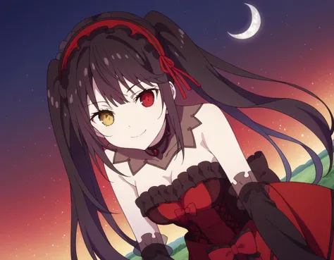 Punktzahl_9, Punktzahl_8_hoch, Punktzahl_7_hoch, Quelle_Anime-Serie,
Kurumitokisaki, Kurumi Tokisaki, schwarzes Haar, rote Augen, lange Haare,
Zwillingsschwänze, gelbe Augen, hairband, Heterochromie, Kleid, red Kleid, nackten Schultern, Schlüsselbein, HALSBAND, Krawatte, red Krawatte, abgesetzte Ärmel, corset, Rüschen, Dekollete,
draußen, Landschaft, Nacht, Mond, sind vorbei, lächeln,
Allein, holländischer Winkel, Betrachter betrachten, Cowboy-Schuss,