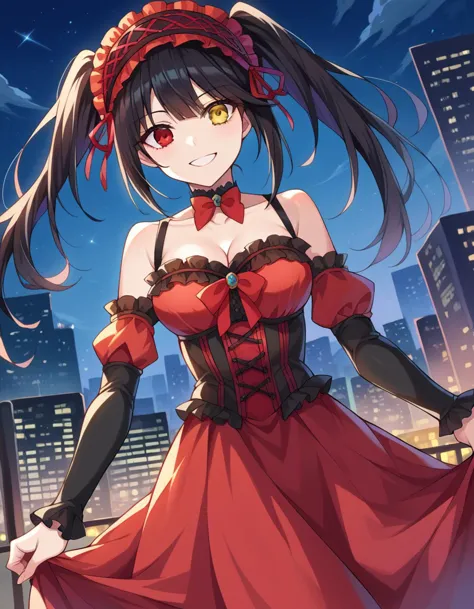 Punktzahl_9, Punktzahl_8_hoch, Punktzahl_7_hoch, Quelle_Anime-Serie,
Kurumitokisaki, Kurumi Tokisaki, schwarzes Haar, rote Augen, lange Haare,
Zwillingsschwänze, gelbe Augen, hairband, Heterochromie, Kleid, red Kleid, nackten Schultern, Schlüsselbein, HALSBAND, Krawatte, red Krawatte, abgesetzte Ärmel, corset, Rüschen, Dekollete,
draußen, Stadtbild, Nacht, lächeln,
Betrachter betrachten, holländischer Winkel, Cowboy-Schuss,