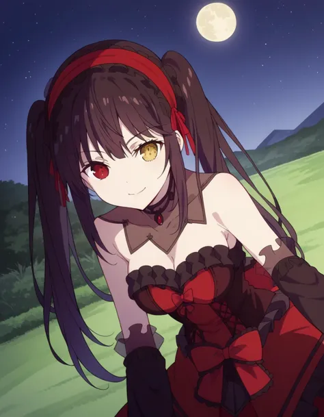 score_9, score_8_up, score_7_up, source_anime,
kurumitokisaki, kurumi tokisaki, black hair, red eyes, long hair,
twintails, yellow eyes, hairband, heterochromia, dress, red dress, bare shoulders, collarbone, choker, bowtie, red bowtie, detached sleeves, corset, frills, cleavage,
outdoors, landscape, night, moon, bent over, smile,
solo, dutch angle, looking at viewer, cowboy shot,