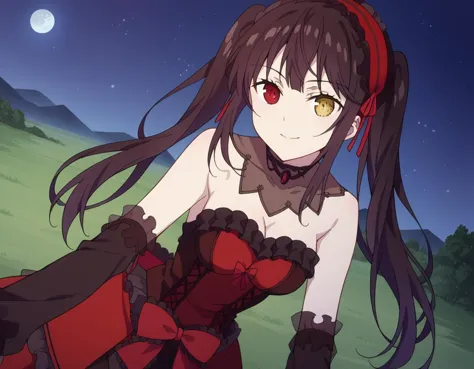 score_9, score_8_up, score_7_up, source_anime,
kurumitokisaki, kurumi tokisaki, black hair, red eyes, long hair,
twintails, yellow eyes, hairband, heterochromia, dress, red dress, bare shoulders, collarbone, choker, bowtie, red bowtie, detached sleeves, corset, frills, cleavage,
outdoors, landscape, night, moon, bent over, smile,
solo, dutch angle, looking at viewer, cowboy shot,