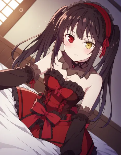 score_9, score_8_up, score_7_up, source_anime,
kurumitokisaki, kurumi tokisaki, black hair, red eyes, long hair,
twintails, yellow eyes, hairband, heterochromia, dress, red dress, bare shoulders, collarbone, choker, bowtie, red bowtie, detached sleeves, corset, frills, cleavage,
indoors, bed, bed room, on side, blush, drunk,
solo, dutch angle, looking at viewer, cowboy shot,