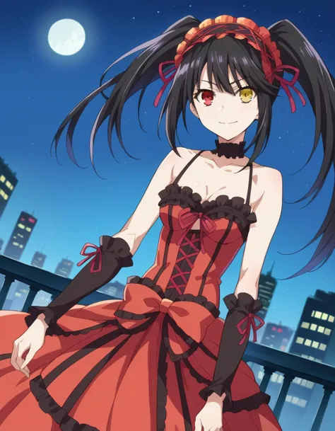 score_9, score_8_up, score_7_up, source_anime, 
kurumitokisaki, kurumi tokisaki astral dress, long hair, black hair, red eyes, twintails, yellow eyes, hairband, heterochromia, smile, dress, red dress, bare shoulders, collarbone, choker, bowtie, red bowtie, detached sleeves, corset, frills, 
outdoors, cityscape, night sky, starry sky, moon,
looking at viewer, cowboy shot, dutch angle,