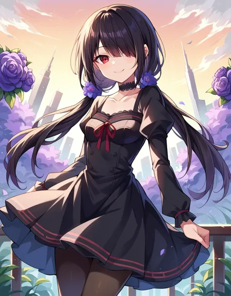 score_9, score_8_up, score_7_up, source_anime,
kurumitokisaki, kurumi tokisaki, black hair, red eyes, long hair,
long sleeves, dress, pantyhose, hair over one eye, black dress, black pantyhose, puffy sleeves, choker, collarbone, skirt, black skirt, flowers, hair flowers, purple flowers, twintails, low twintails,
outdoors, cityscape, smile,
looking at viewer, dutch angle, cowboy shot,