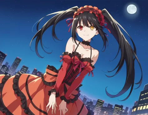 score_9, score_8_up, score_7_up, source_anime, 
kurumitokisaki, kurumi tokisaki astral dress, long hair, black hair, red eyes, twintails, yellow eyes, hairband, heterochromia, smile, dress, red dress, bare shoulders, collarbone, choker, bowtie, red bowtie, detached sleeves, corset, frills, 
outdoors, cityscape, night sky, starry sky, moon, bent over,
looking at viewer, cowboy shot, dutch angle,