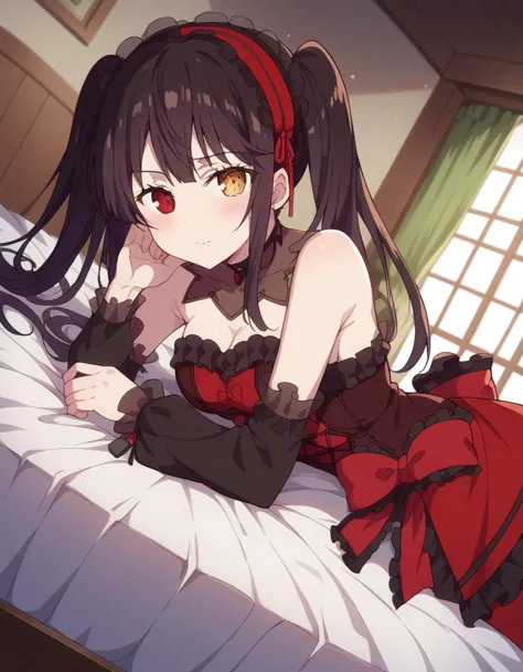 score_9, score_8_up, score_7_up, source_anime,
kurumitokisaki, kurumi tokisaki, black hair, red eyes, long hair,
twintails, yellow eyes, hairband, heterochromia, dress, red dress, bare shoulders, collarbone, choker, bowtie, red bowtie, detached sleeves, corset, frills, cleavage,
indoors, bed, bed room, on side, blush, drunk,
solo, dutch angle, looking at viewer, cowboy shot,