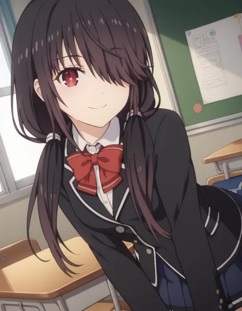 score_9, score_8_up, score_7_up, source_anime,
kurumitokisaki, kurumi tokisaki, black hair, red eyes, long hair,
skirt, long sleeves, ribbon, school uniform, jacket, pleated skirt, bag, hair over one eye, blue skirt, blazer, school bag, black blazer, twintails, low twintails,
indoors, classroom, bent over, smile,
looking at viewer, solo, cowboy shot, dutch angle,