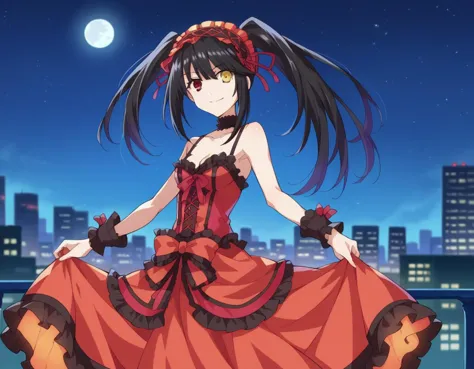 score_9, score_8_up, score_7_up, source_anime, 
kurumitokisaki, kurumi tokisaki astral dress, long hair, black hair, red eyes, twintails, yellow eyes, hairband, heterochromia, smile, dress, red dress, bare shoulders, collarbone, choker, bowtie, red bowtie, detached sleeves, corset, frills, 
outdoors, cityscape, night sky, starry sky, moon,
looking at viewer, cowboy shot, dutch angle,