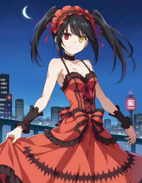 score_9, score_8_up, score_7_up, source_anime, 
kurumitokisaki, <lora:kurumi-tokisaki-ponyxl-lora-nochekaiser:1>, 
kurumi tokisaki astral dress, long hair, black hair, red eyes, twintails, yellow eyes, hairband, heterochromia, smile, dress, red dress, bare shoulders, collarbone, choker, bowtie, red bowtie, detached sleeves, corset, frills, 
outdoors, cityscape, night sky, starry sky, moon,
looking at viewer, cowboy shot, dutch angle,