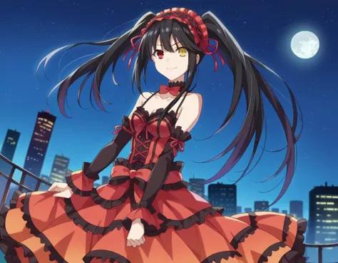 Punktzahl_9, Punktzahl_8_hoch, Punktzahl_7_hoch, Quelle_Anime-Serie, 
Kurumitokisaki, kurumi tokisaki astral Kleid, lange Haare, schwarzes Haar, rote Augen, Zwillingsschwänze, gelbe Augen, hairband, Heterochromie, lächeln, Kleid, red Kleid, nackten Schultern, Schlüsselbein, HALSBAND, Krawatte, red Krawatte, abgesetzte Ärmel, corset, Rüschen, 
draußen, Stadtbild, Nachthimmel, sternenklarer Himmel, Mond,
Betrachter betrachten, Cowboy-Schuss, holländischer Winkel,