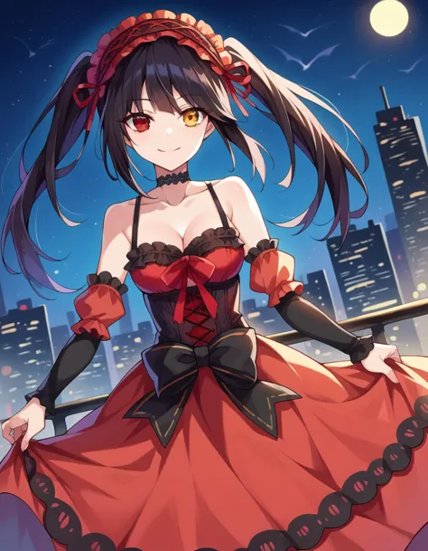 score_9, score_8_up, score_7_up, source_anime,
kurumitokisaki, kurumi tokisaki, black hair, red eyes, long hair,
twintails, yellow eyes, hairband, heterochromia, dress, red dress, bare shoulders, collarbone, choker, bowtie, red bowtie, detached sleeves, corset, frills, cleavage,
outdoors, cityscape, night, smile,
looking at viewer, dutch angle, cowboy shot,