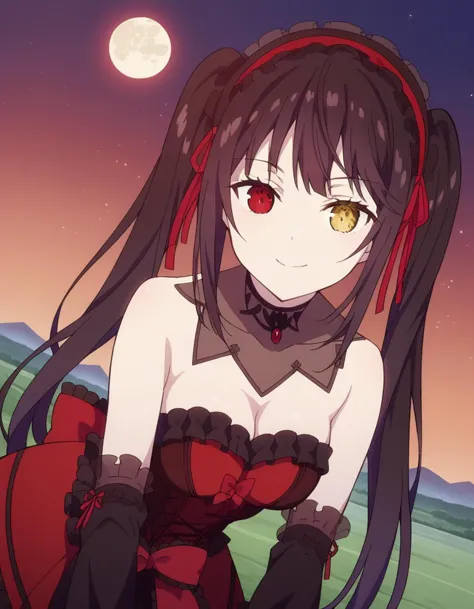 score_9, score_8_up, score_7_up, source_anime,
kurumitokisaki, kurumi tokisaki, black hair, red eyes, long hair,
twintails, yellow eyes, hairband, heterochromia, dress, red dress, bare shoulders, collarbone, choker, bowtie, red bowtie, detached sleeves, corset, frills, cleavage,
outdoors, landscape, night, moon, bent over, smile,
solo, dutch angle, looking at viewer, cowboy shot,